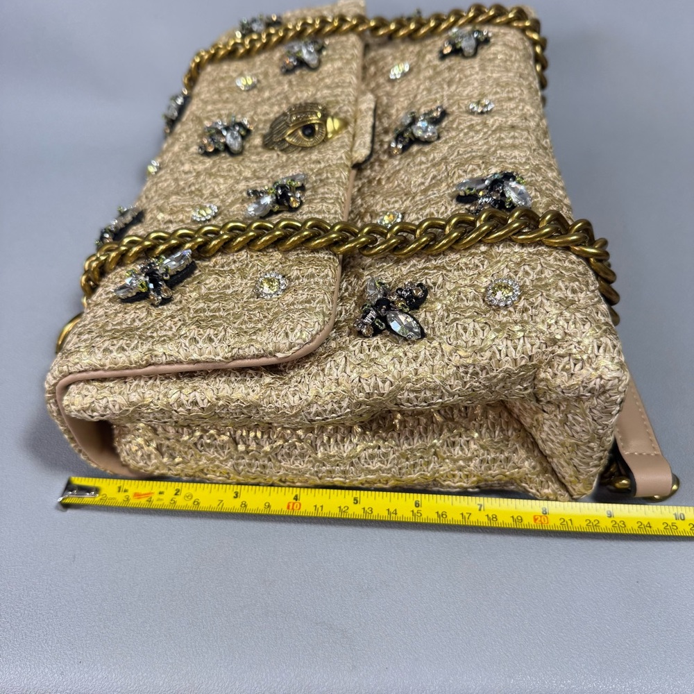 Kurt Geiger Large Gold Raffia Crystal Bee Embellished Shoulder Bag - Picture 15 of 16